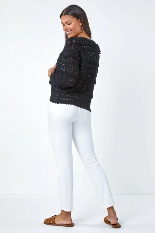 Roman Black Fringe Detail Scalloped Cotton Blend Cardigan - Size 12 Image 3