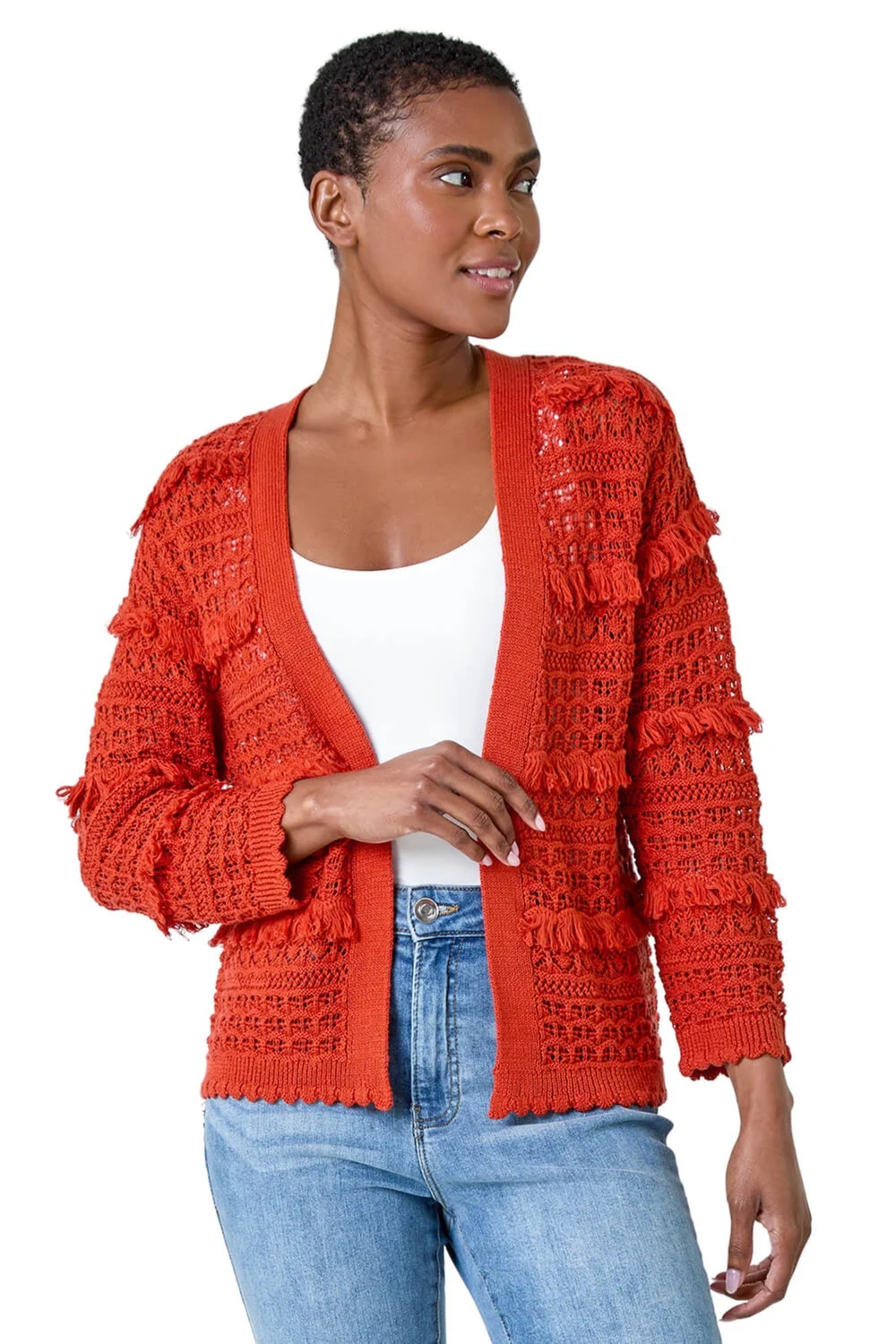 Roman Rust Fringe Detail Scalloped Cotton Blend Cardigan - Size 24 Image 1