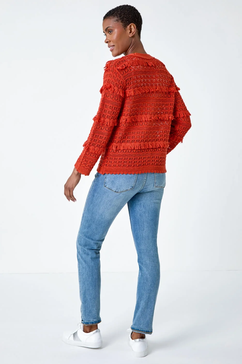 Roman Rust Fringe Detail Scalloped Cotton Blend Cardigan - Size 24 Image 4