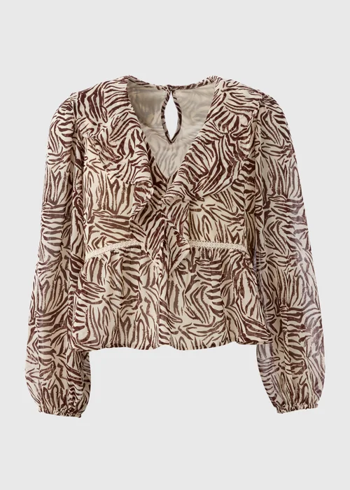 Brown Zebra Print Frill Blouse - Size 8 Image 5