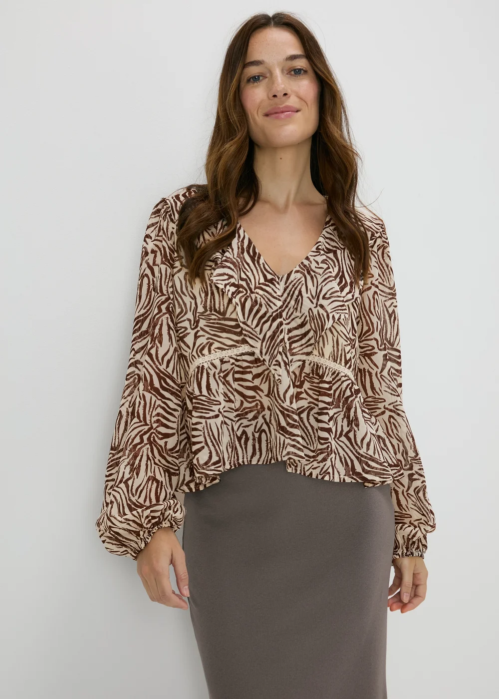 Brown Zebra Print Frill Blouse - Size 8 Image 1