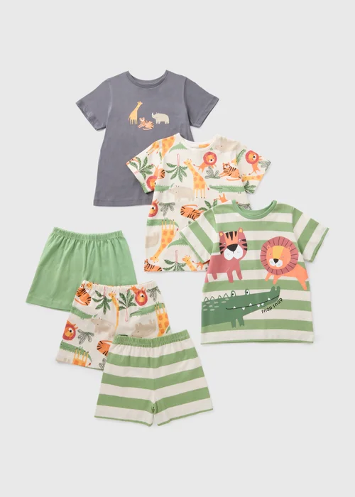 3 Pack Boys Green Jungle Top & Short Pyjama Set (1-7yrs) - 1 half year to 2 Image 1