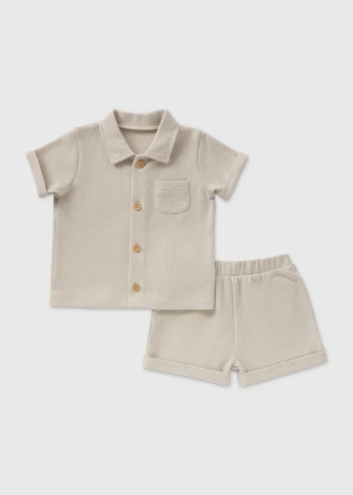 Stone Waffle Shirt & Shorts Set (Newborn-23mths) - Age 0 - 3 Months Image 1
