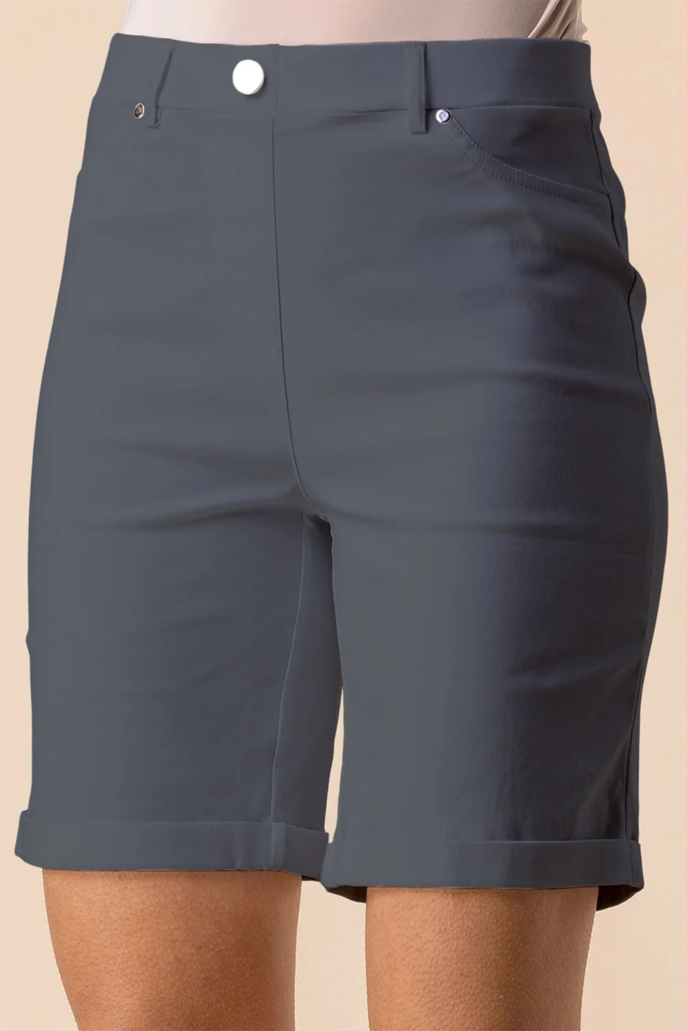 Roman Dark Grey Elastic Waist Turn Up Stretch Shorts - 10 Image 1