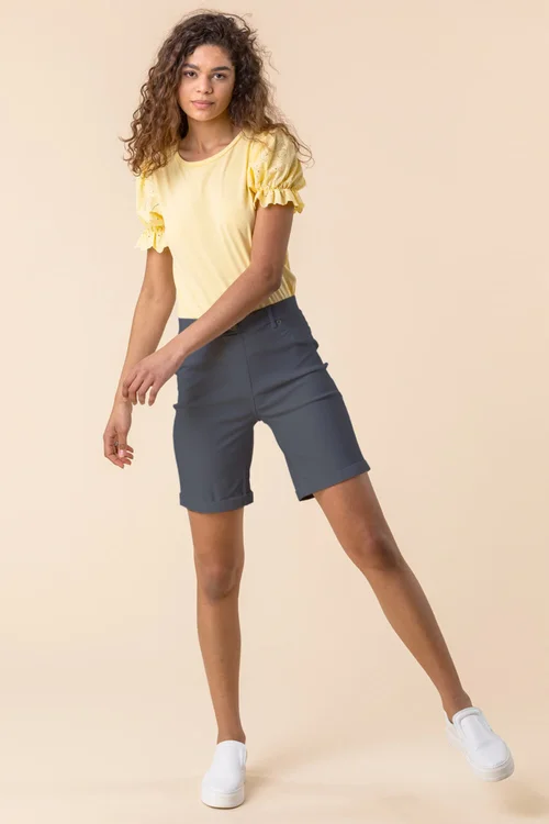 Roman Dark Grey Elastic Waist Turn Up Stretch Shorts - 10 Image 3