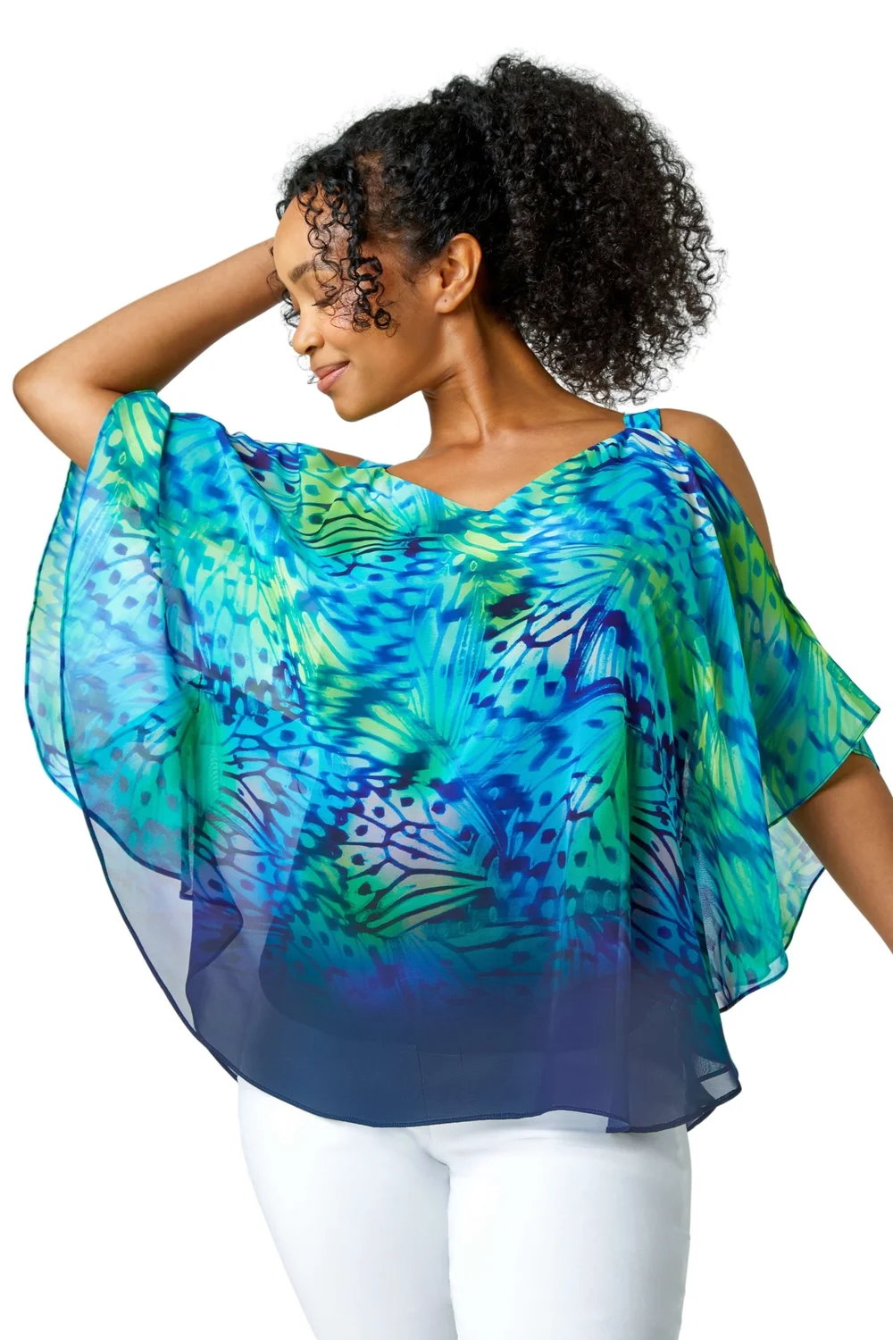 Roman Turquoise Petite Butterfly V-Neck Cold Shoulder Top - 6 Image 1