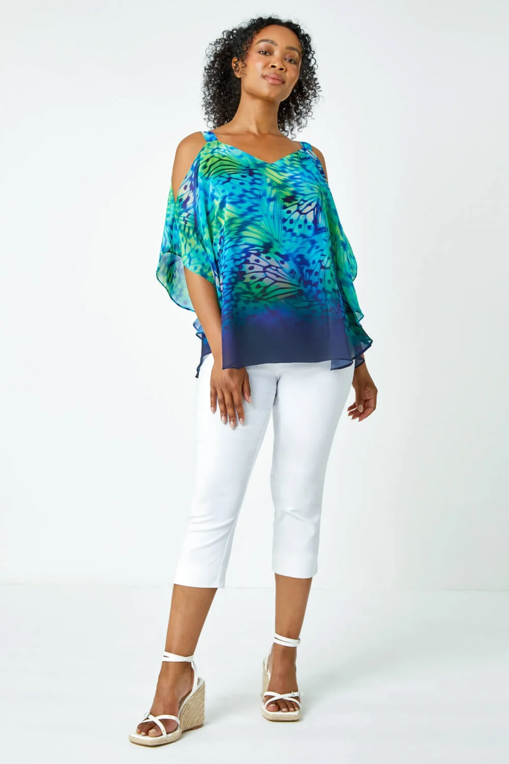 Roman Turquoise Petite Butterfly V-Neck Cold Shoulder Top - 6 Image 2