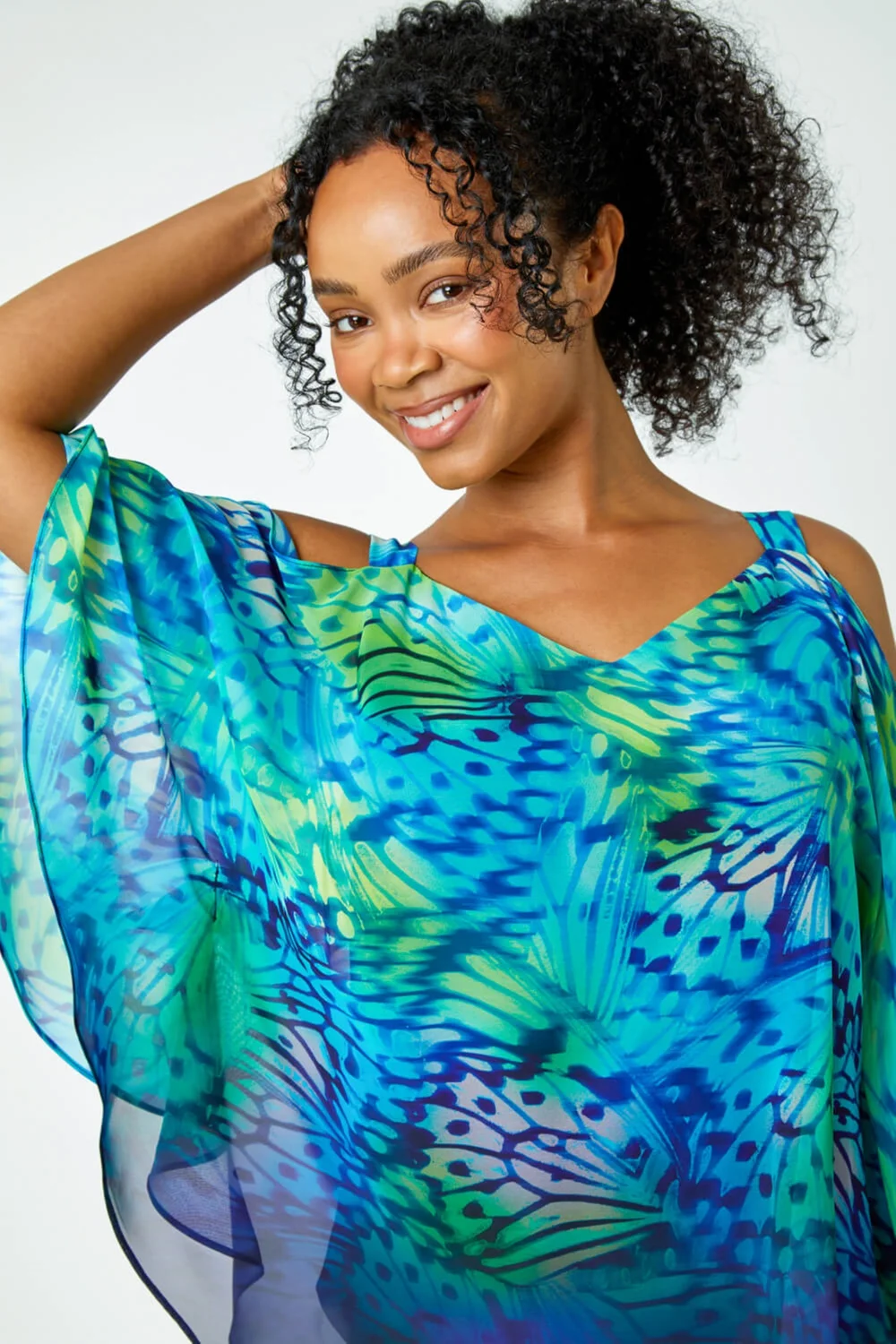 Roman Turquoise Petite Butterfly V-Neck Cold Shoulder Top - 6 Image 4