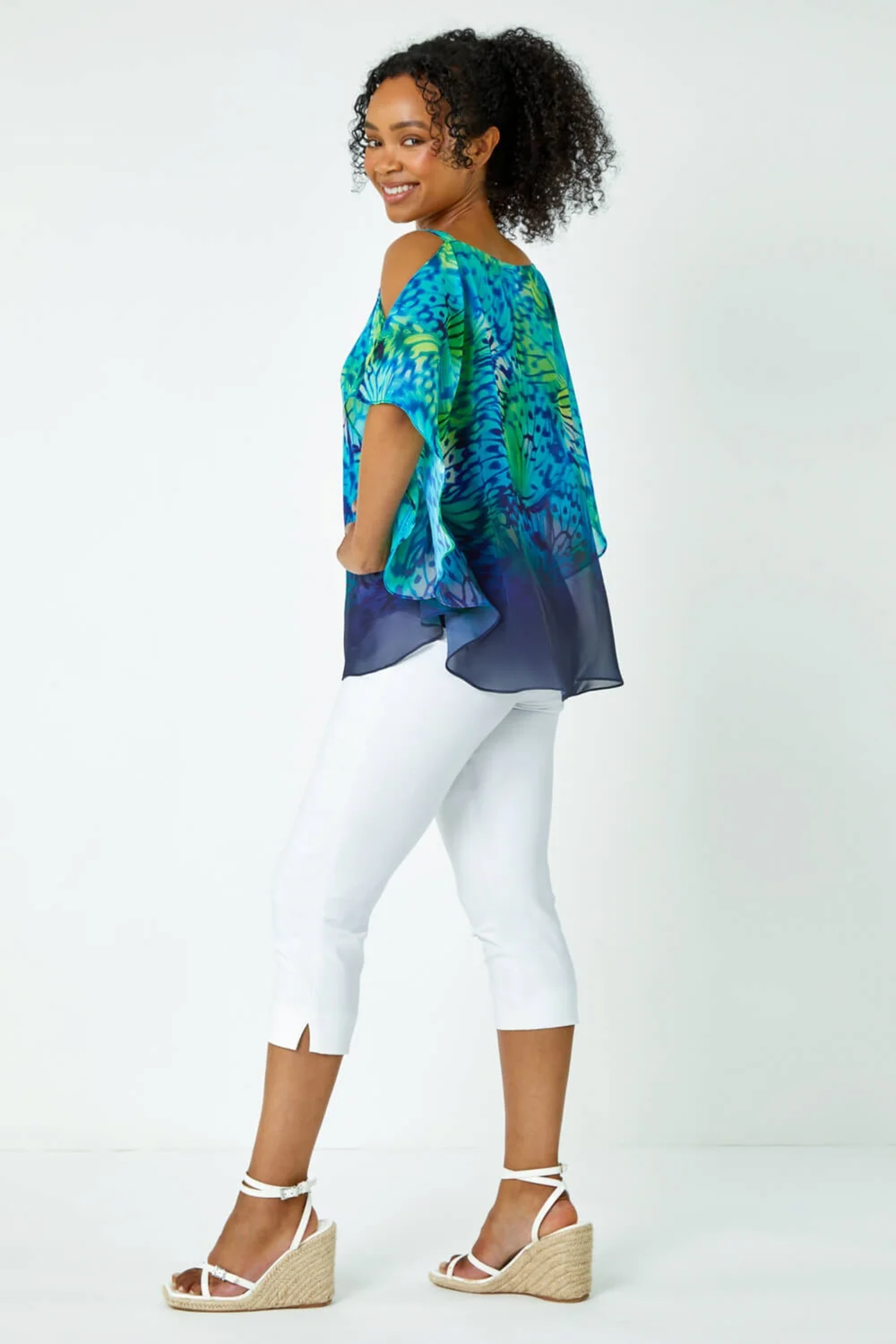Roman Turquoise Petite Butterfly V-Neck Cold Shoulder Top - 6 Image 3
