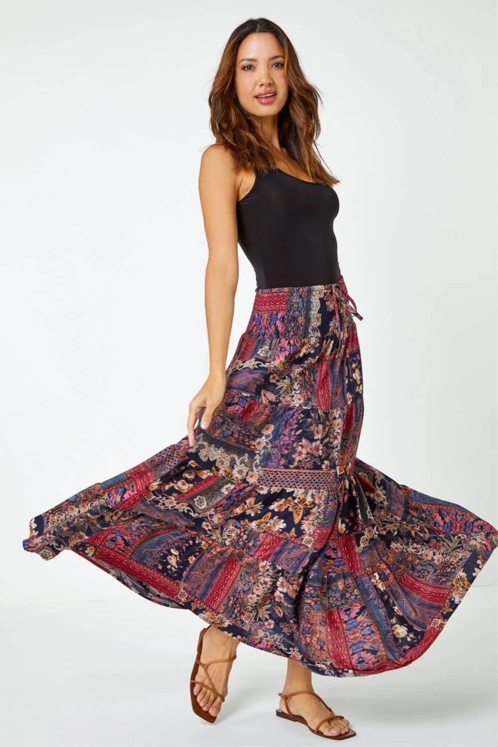 Roman Red Tile Print Shirred Maxi Skirt - 6 Image 3