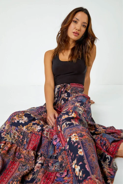 Roman Red Tile Print Shirred Maxi Skirt - 6 Image 2