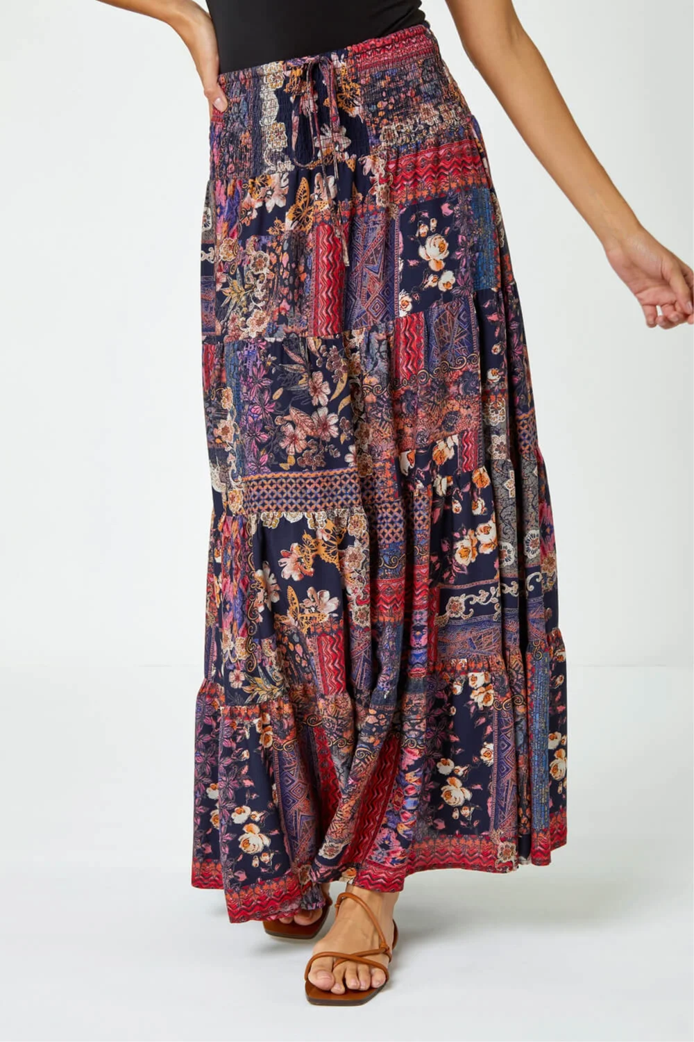 Roman Red Tile Print Shirred Maxi Skirt - 6 Image 1