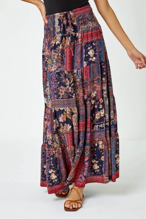 Roman Red Tile Print Shirred Maxi Skirt - 6 Image 1