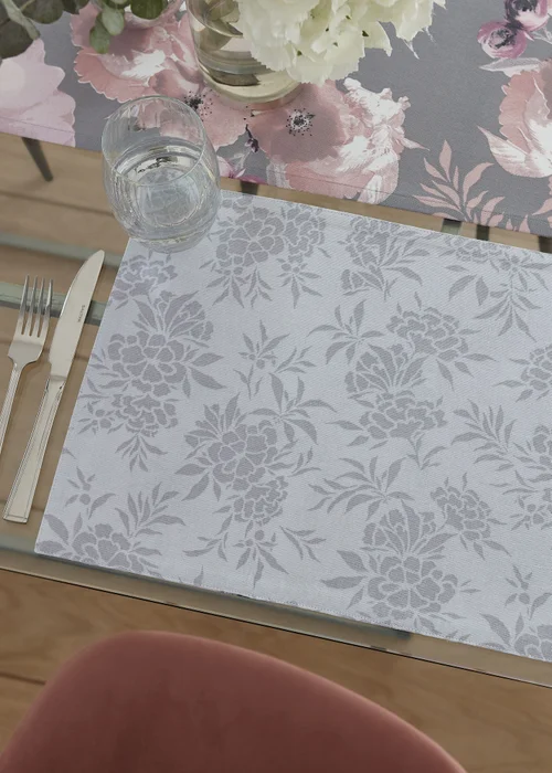 Catherine Lansfield Grey Floral Cotton Dining Placemat 4 Pack (30x46 cm) - One Size Image 3