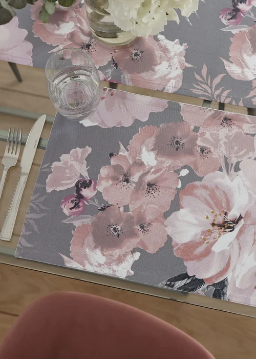 Catherine Lansfield Grey Floral Cotton Dining Placemat 4 Pack (30x46 cm) - One Size Image 2