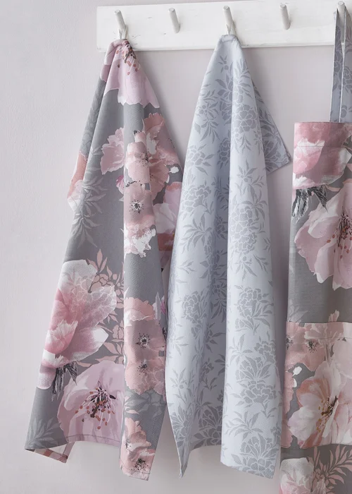 Catherine Lansfield Grey Floral Cotton Kitchen Tea Towel Pack of 4 (50x75 cm) - One Size Image 2