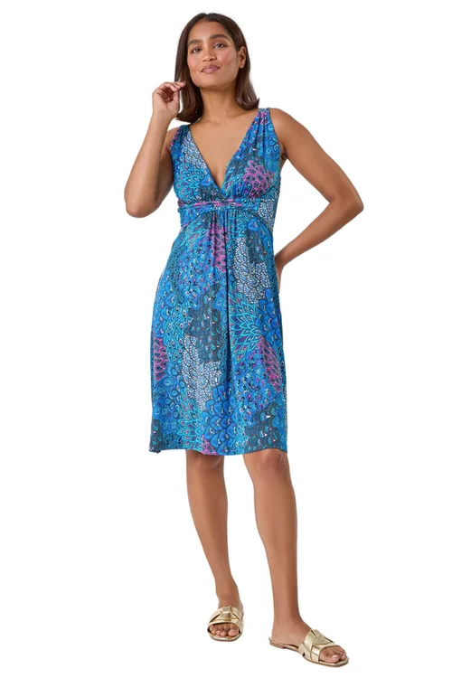 Roman Blue Abstract Floral Stretch Jersey Dress - 10 Image 1