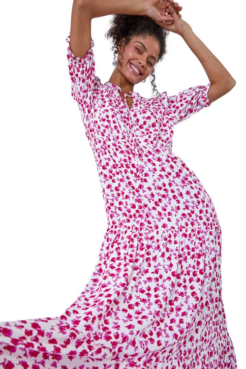 Roman Dusk White Ditsy Floral Tie Neck Midi Dress - 6 Image 1