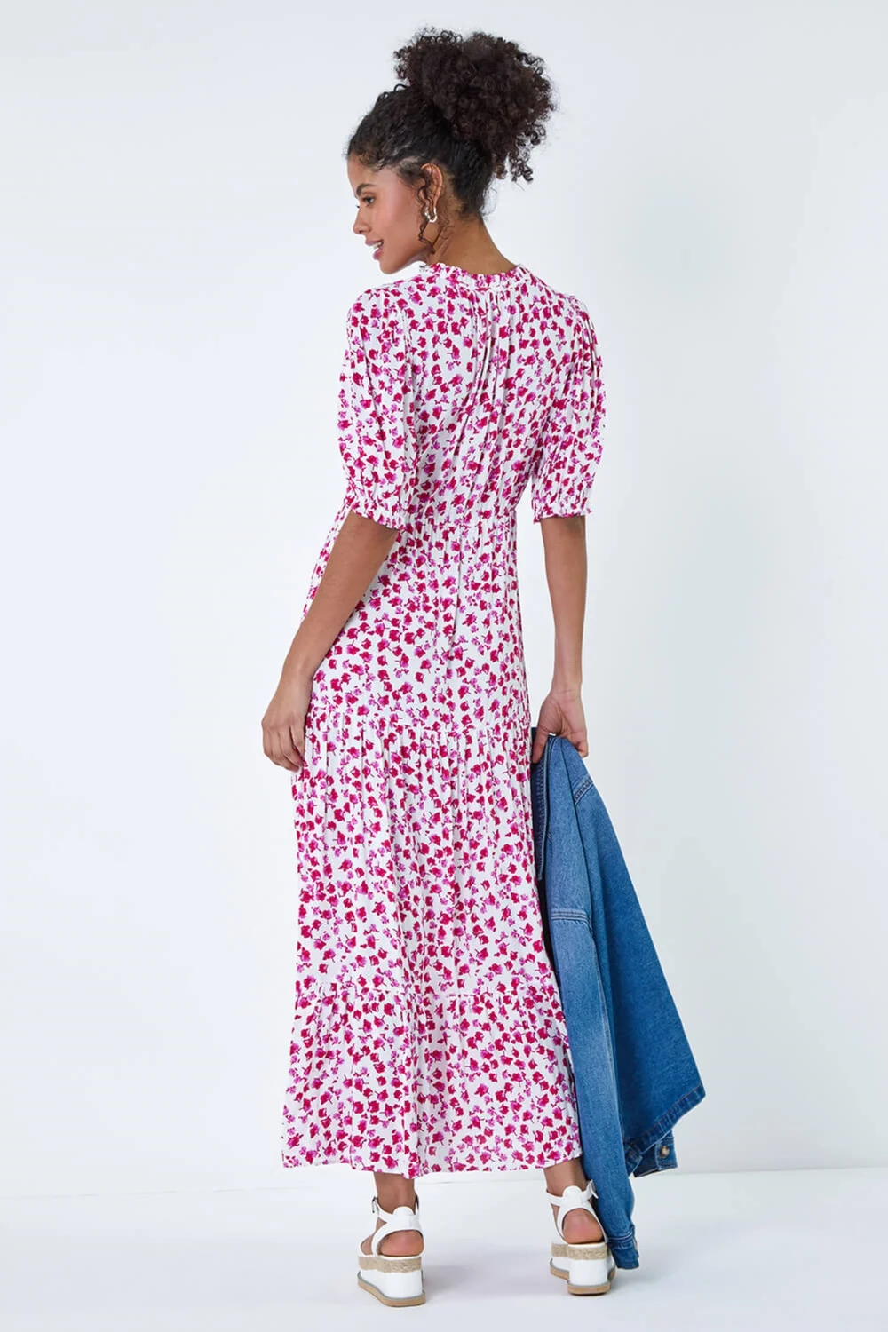 Roman Dusk White Ditsy Floral Tie Neck Midi Dress - 6 Image 3