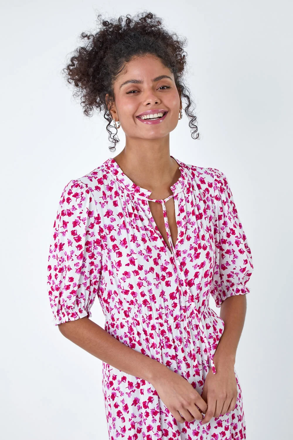 Roman Dusk White Ditsy Floral Tie Neck Midi Dress - 6 Image 4