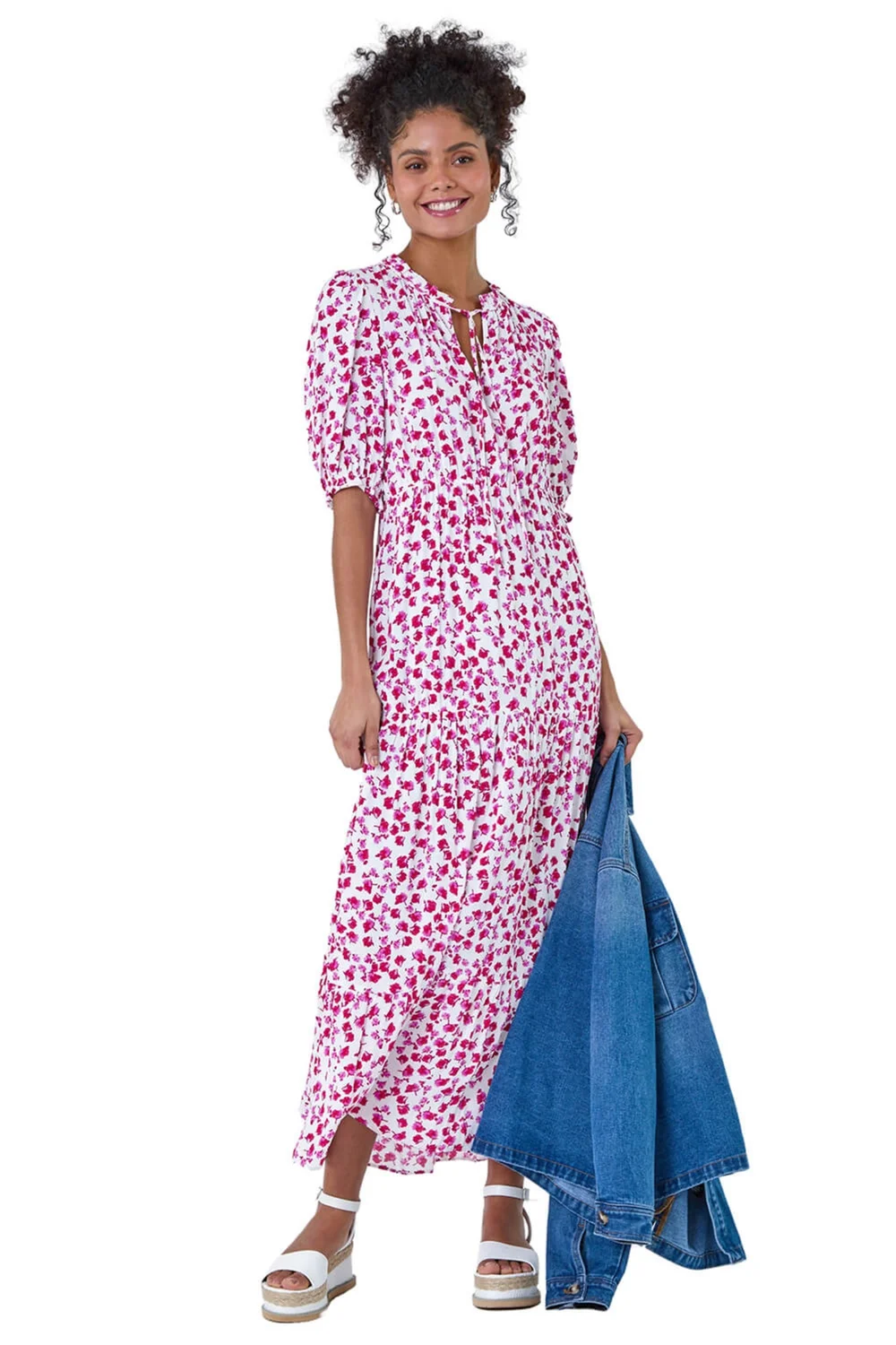 Roman Dusk White Ditsy Floral Tie Neck Midi Dress - 6 Image 2