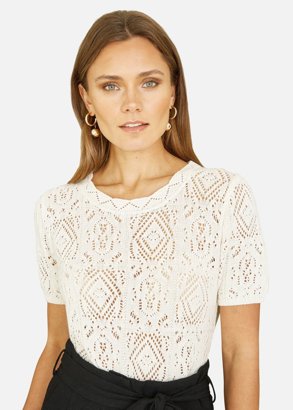 Yumi Ivory Cotton Crochet Knitted Top - M Image 1