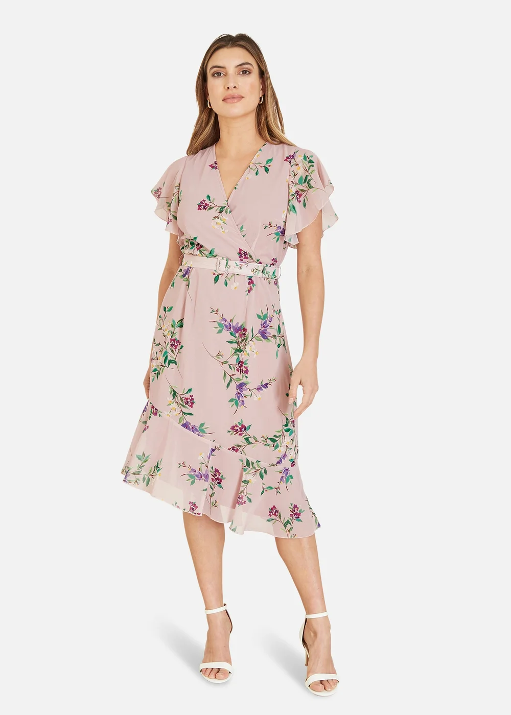 Yumi Blush Wrap Over Midi Dress With Frill Details And Matching Belt - 8 Image 1