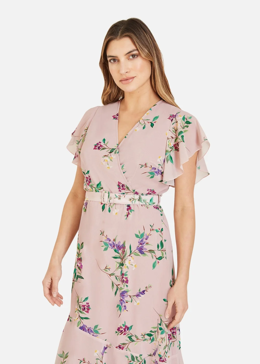 Yumi Blush Wrap Over Midi Dress With Frill Details And Matching Belt - 8 Image 2