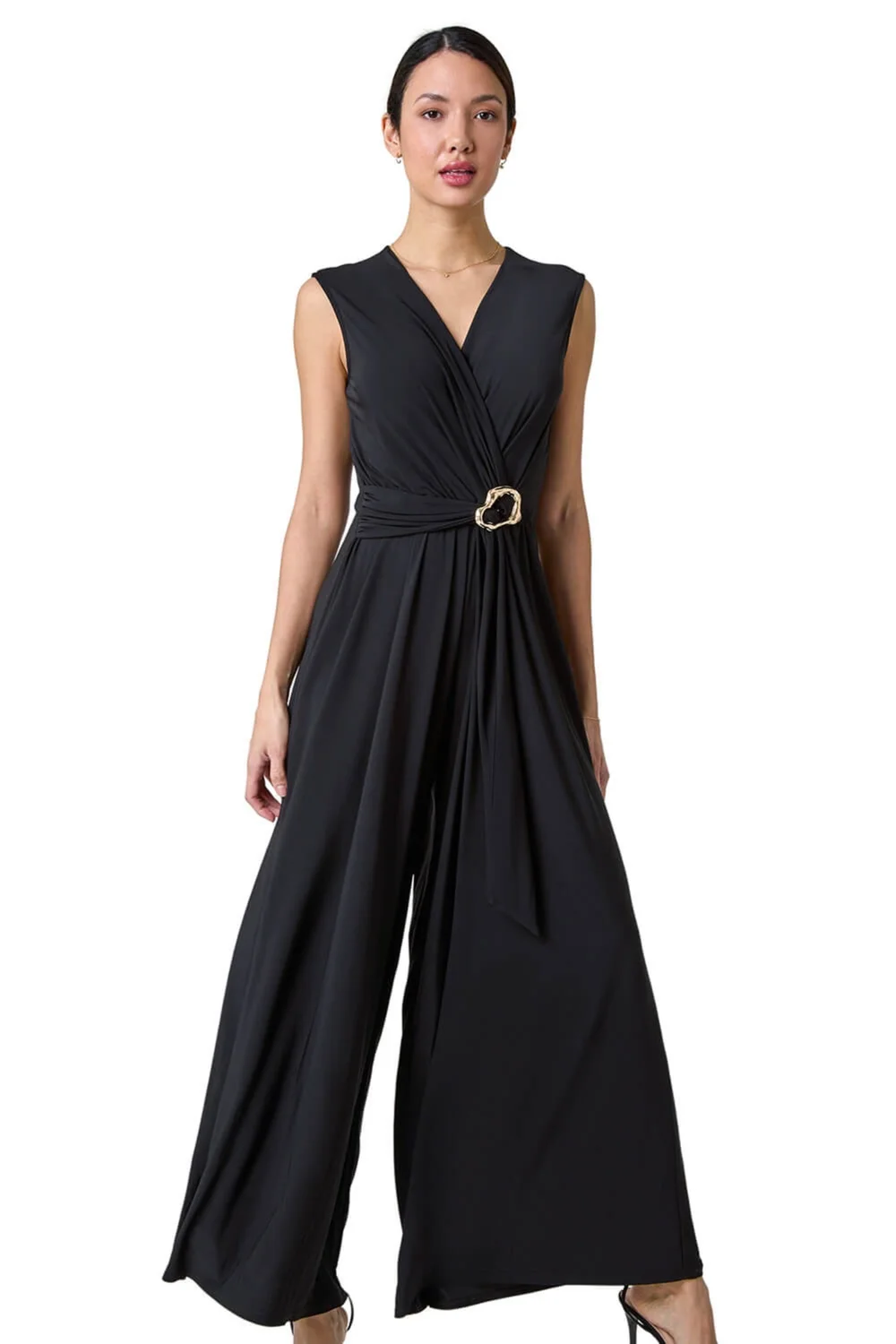 Roman Black Metallic Belt Draped Stretch Jumpsuit - Size 10 Image 1
