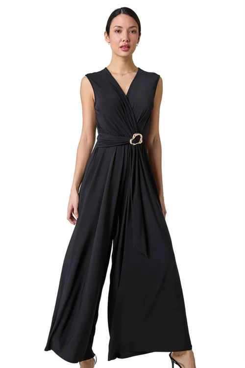 Roman Black Metallic Belt Draped Stretch Jumpsuit - Size 10 Image 1