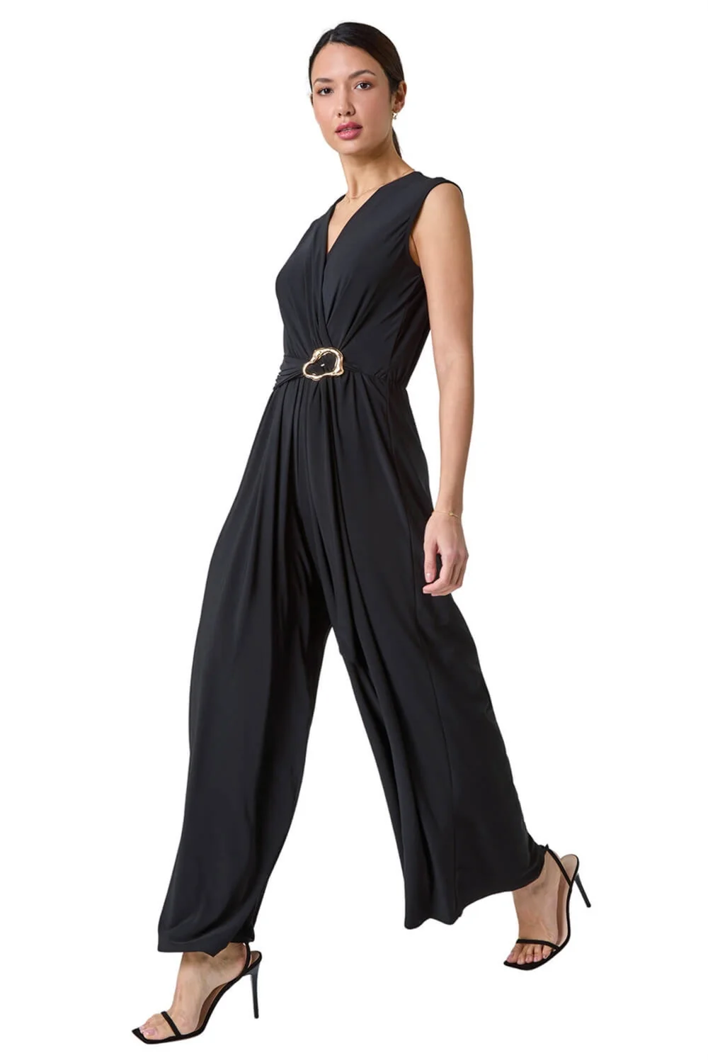 Roman Black Metallic Belt Draped Stretch Jumpsuit - Size 10 Image 2