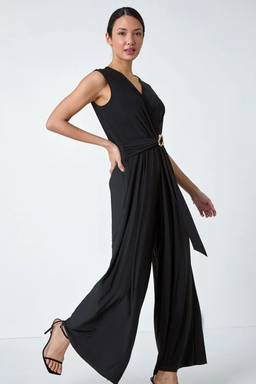 Roman Black Metallic Belt Draped Stretch Jumpsuit - Size 10 Image 3