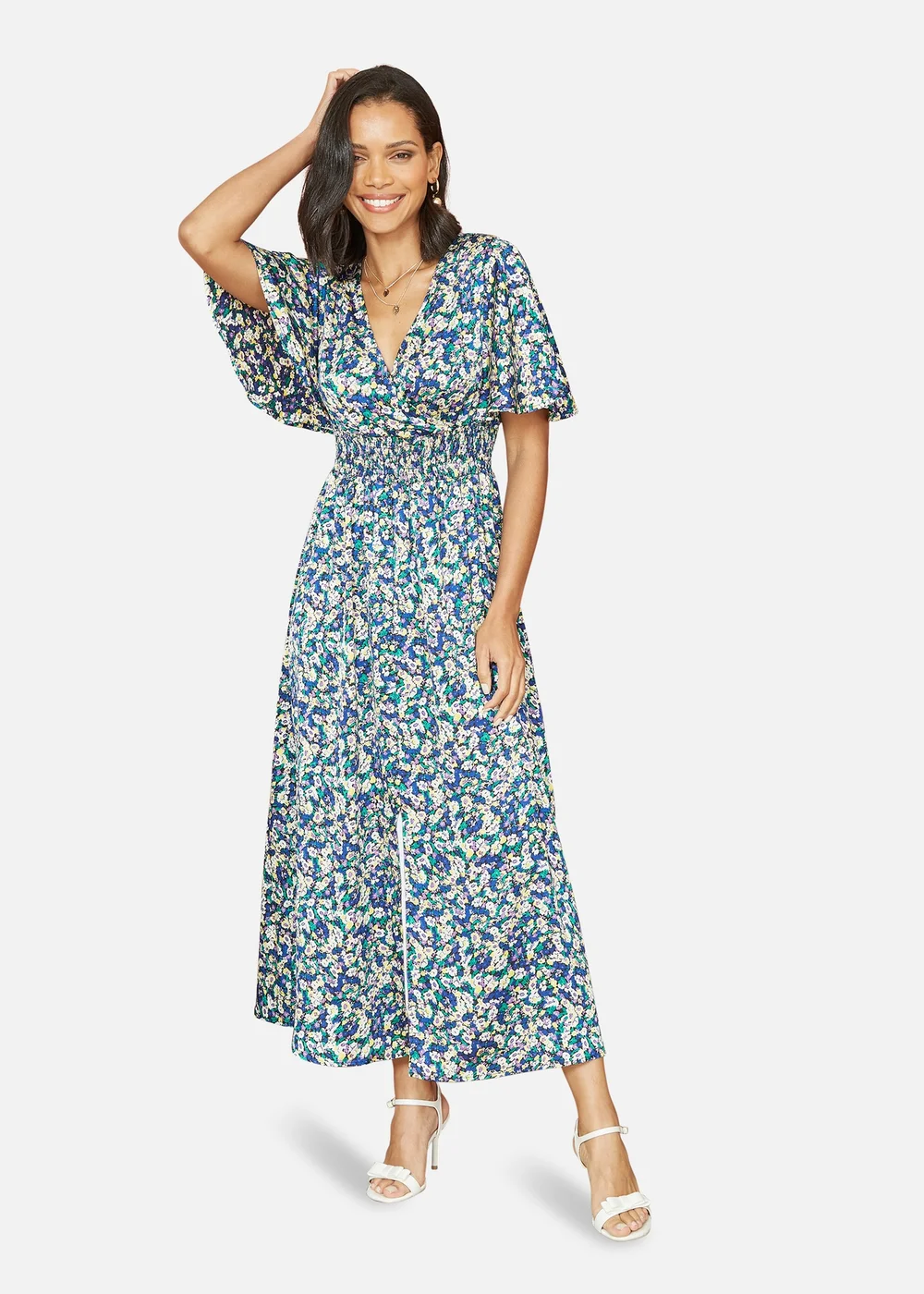Yumi Blue Satin Ditsy Print Wrap Maxi Dress - 8 Image 1
