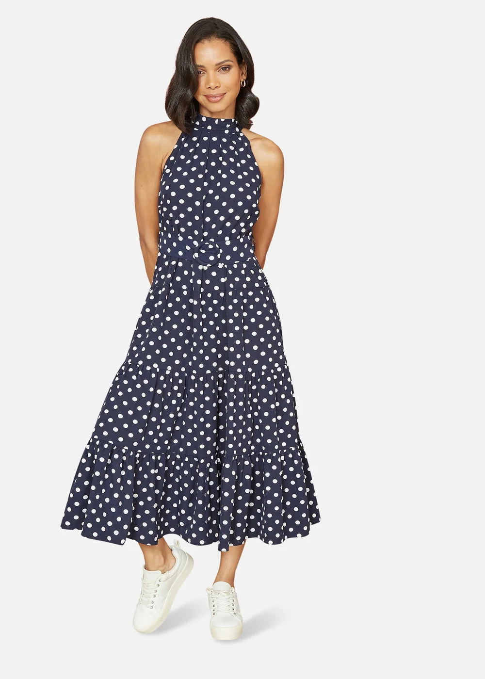 Yumi Navy Spot Print Halter Midi Dress With Matching Belt - 8 Image 1