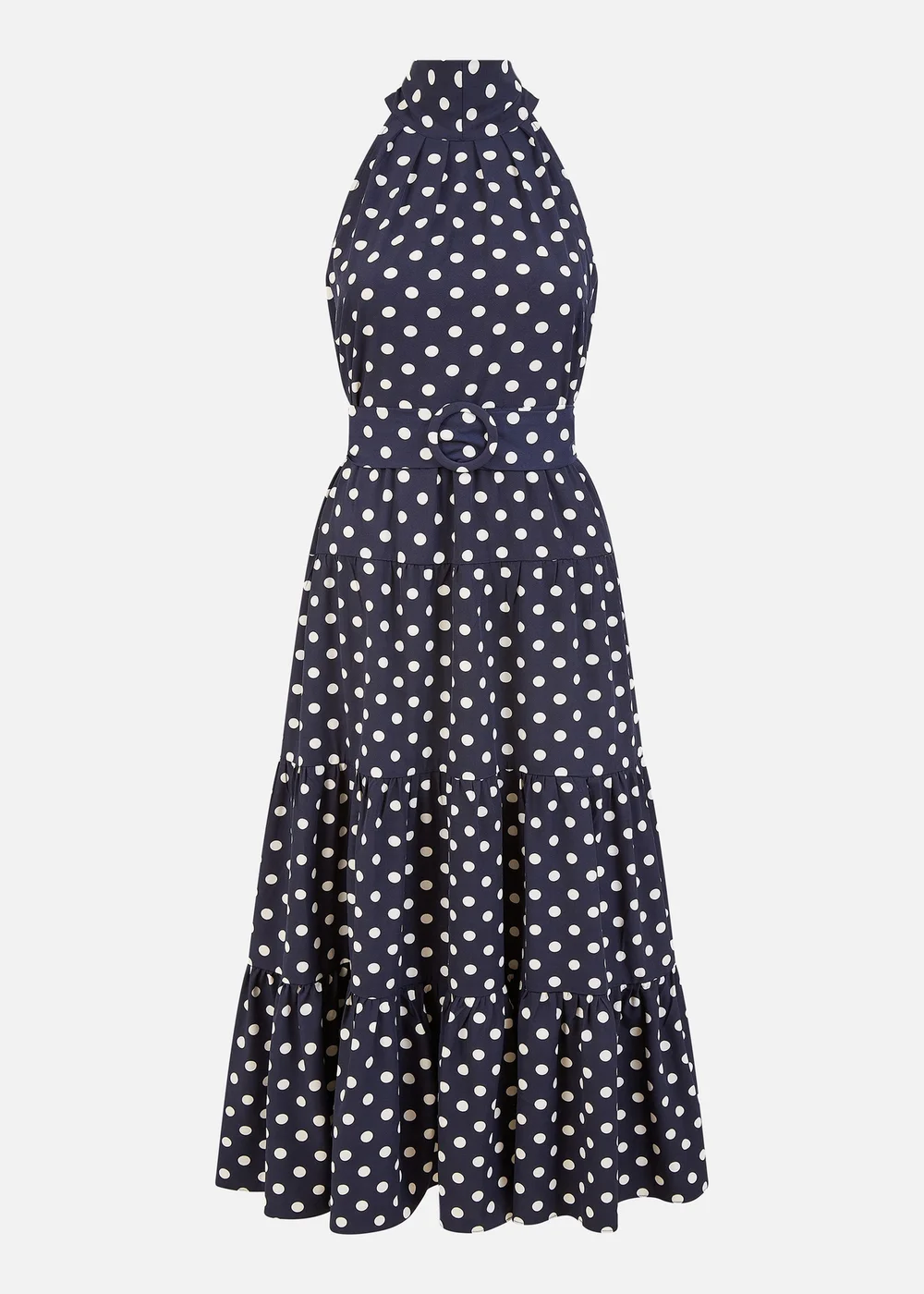 Yumi Navy Spot Print Halter Midi Dress With Matching Belt - 8 Image 3