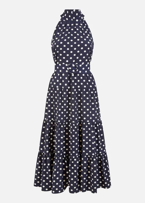 Yumi Navy Spot Print Halter Midi Dress With Matching Belt - 8 Image 3