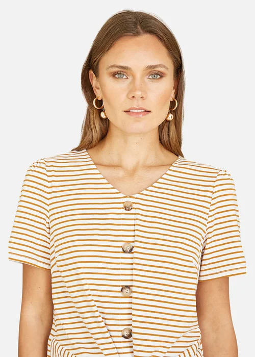 Yumi Brown Striped Jersey Button Detail Top - 8 Image 1