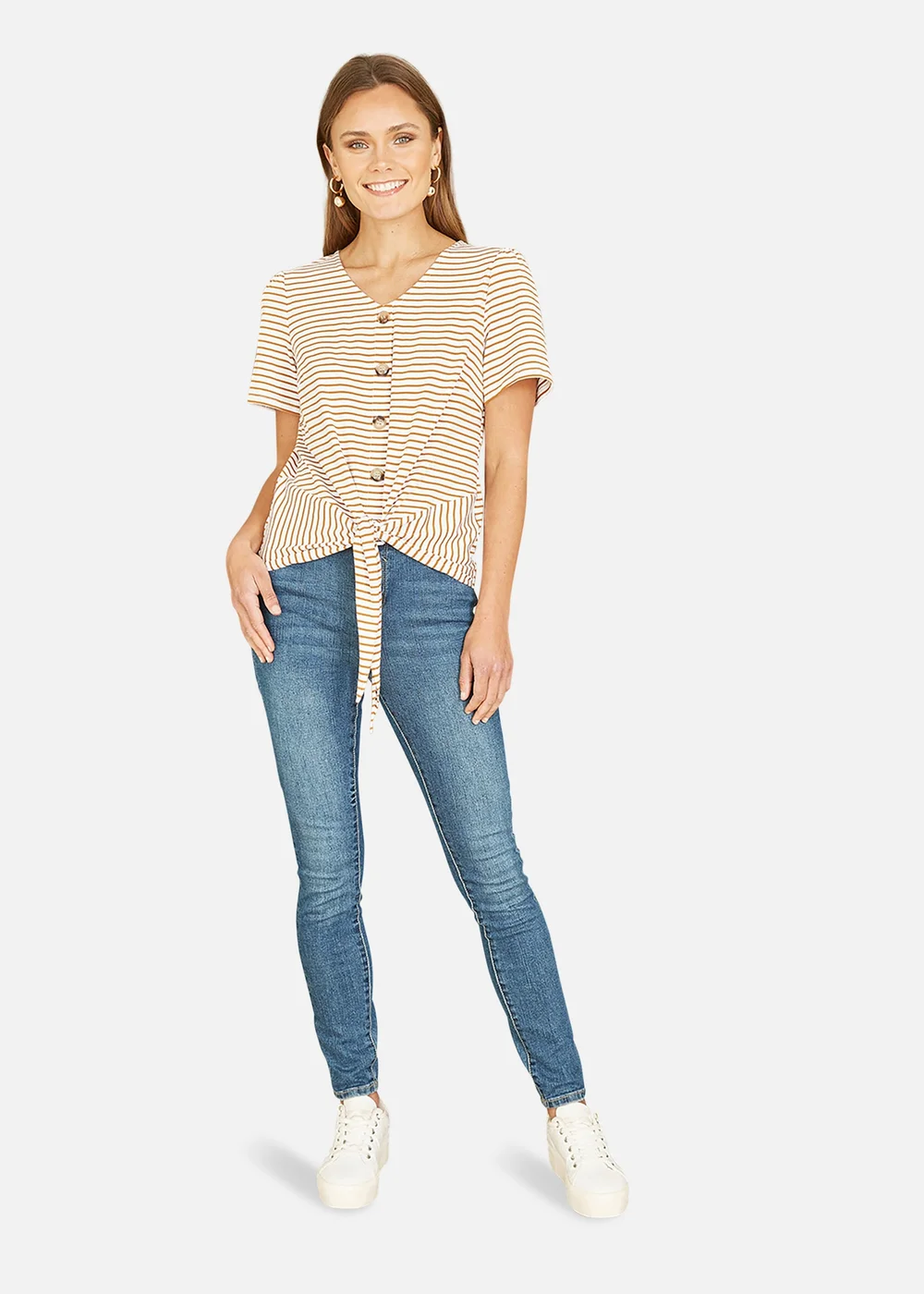 Yumi Brown Striped Jersey Button Detail Top - 8 Image 2