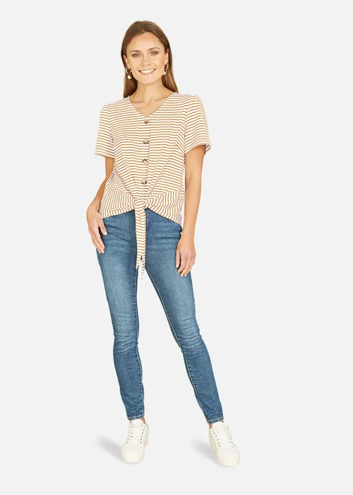Yumi Brown Striped Jersey Button Detail Top - 8 Image 2