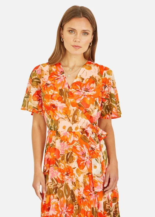 Yumi Orange Floral Midi Wrap Pleated Dress - 8 Image 2
