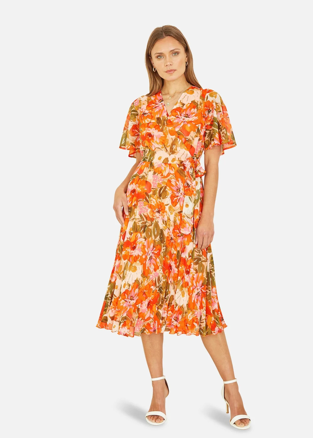 Yumi Orange Floral Midi Wrap Pleated Dress - 8 Image 1