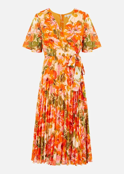 Yumi Orange Floral Midi Wrap Pleated Dress - 8 Image 3