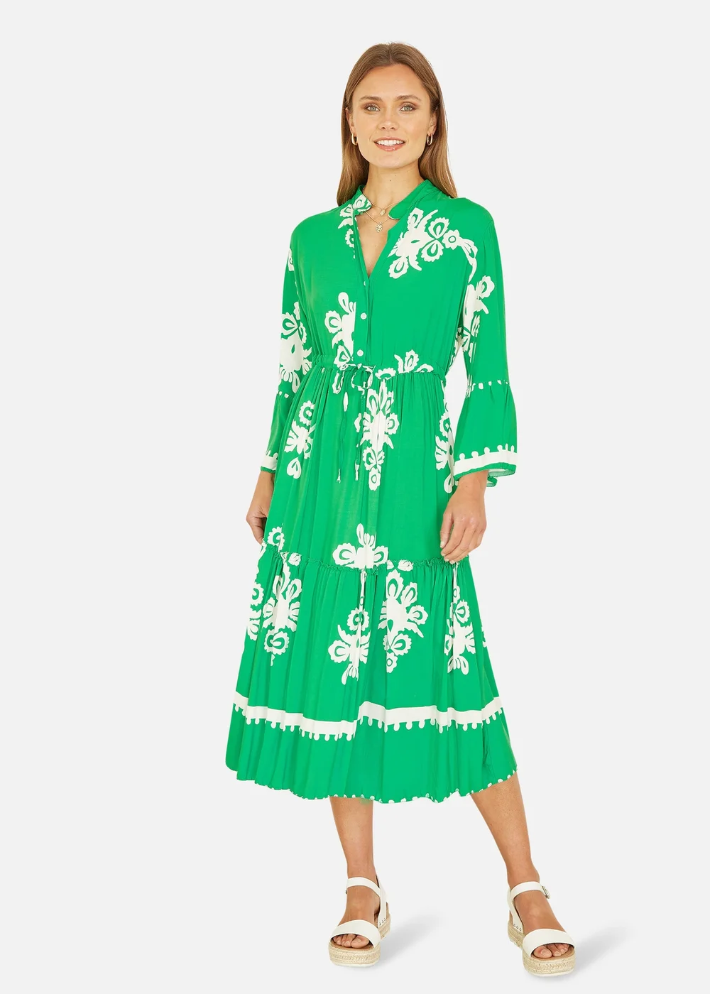 Yumi Green Viscose Midi Dress With Long Sleeves - 8 Image 1