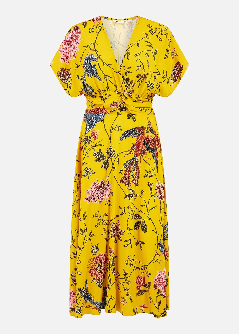 Yumi Yellow Viscose Bird And Floral Print Ruched Waist Midi Dress - 8 Image 3