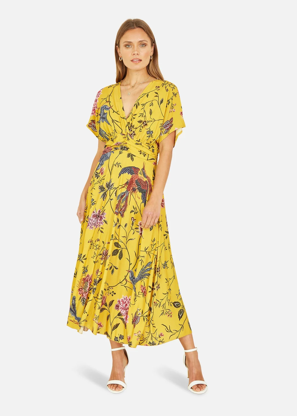 Yumi Yellow Viscose Bird And Floral Print Ruched Waist Midi Dress - 8 Image 1