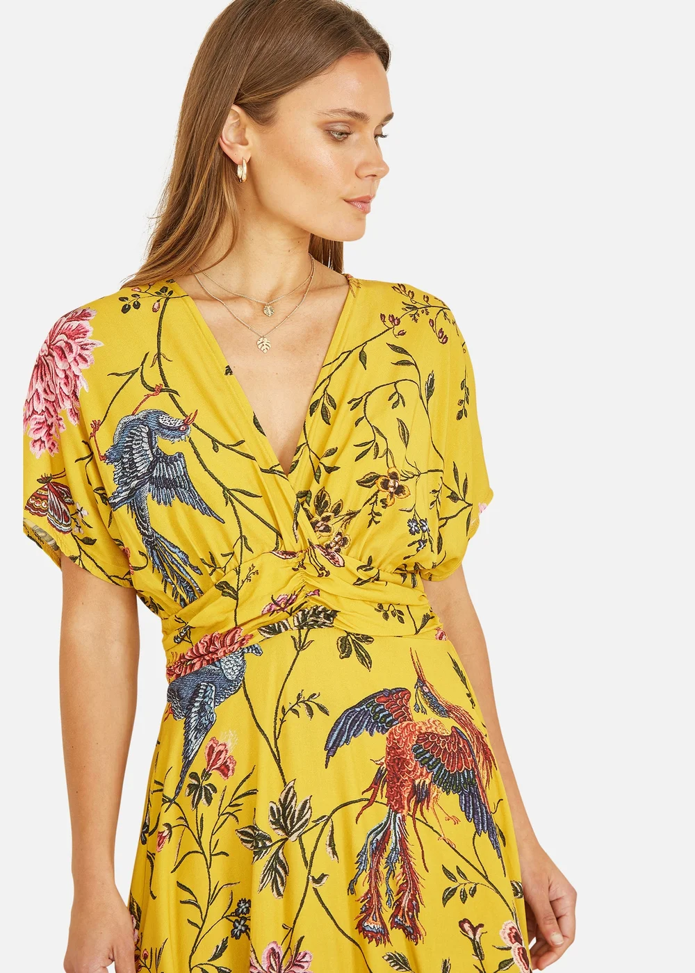Yumi Yellow Viscose Bird And Floral Print Ruched Waist Midi Dress - 8 Image 2