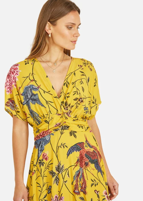 Yumi Yellow Viscose Bird And Floral Print Ruched Waist Midi Dress - 8 Image 2