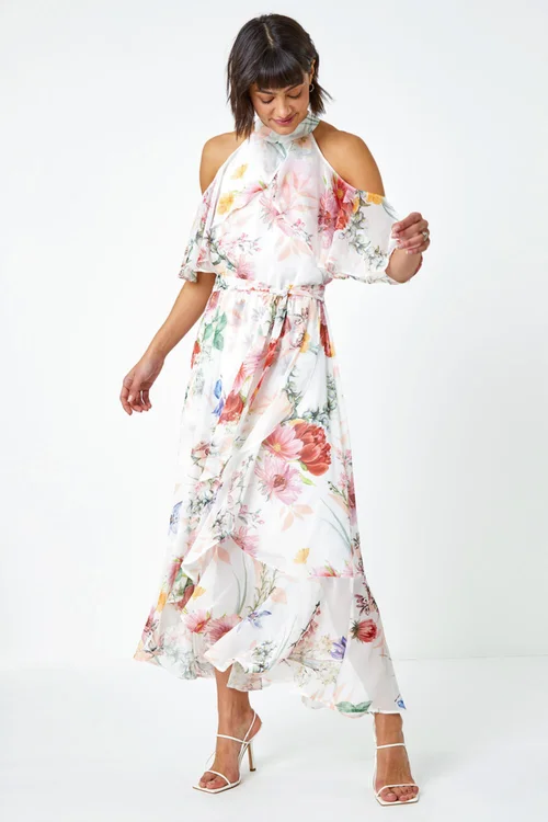 Roman Ivory Halterneck Floral Chiffon Frill Dress - 6 Image 2