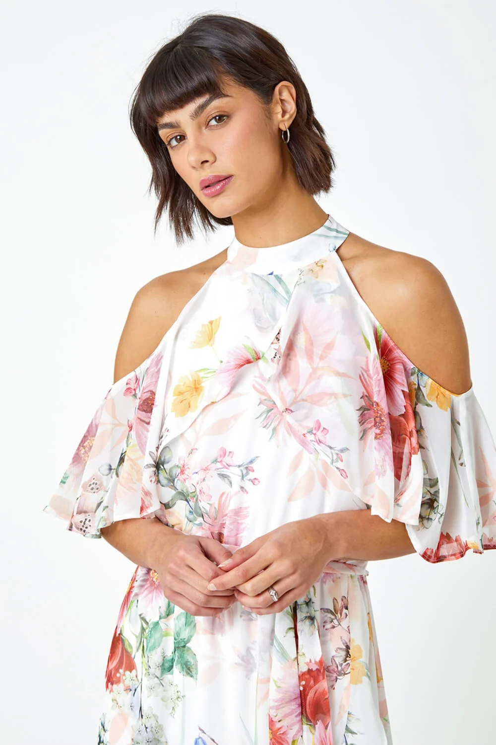 Roman Ivory Halterneck Floral Chiffon Frill Dress - 6 Image 4