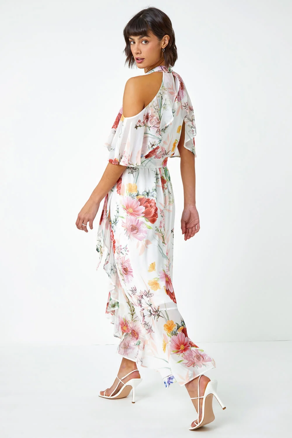 Roman Ivory Halterneck Floral Chiffon Frill Dress - 6 Image 3